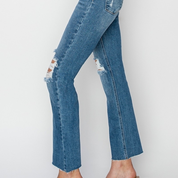 RISEN High-Rise Straight Leg Distressed Ankle Frayed Raw Hem Jeans Denim Pants - Picture 13 of 16